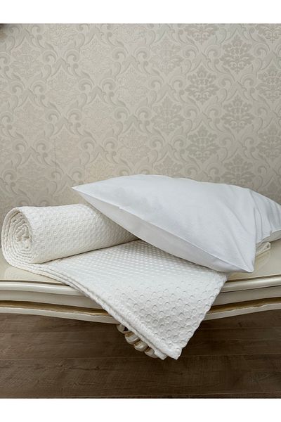 Muteks طقم بيكيه فردي 100% قطن أبيض فاخر - غطاء صيفي وغطاء وسادة (160x240 سم)