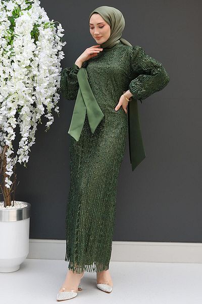 GİZ AGİYİM Khaki Pearl Hijab Evening Dress