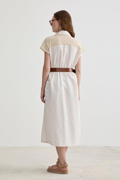 vos versa Women's Lace Detail Belted Linen Stone Dress VVK7279