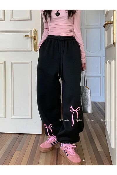 Köstebek Black Oversize Jogger Pants - Bow Printed Sweatpants
