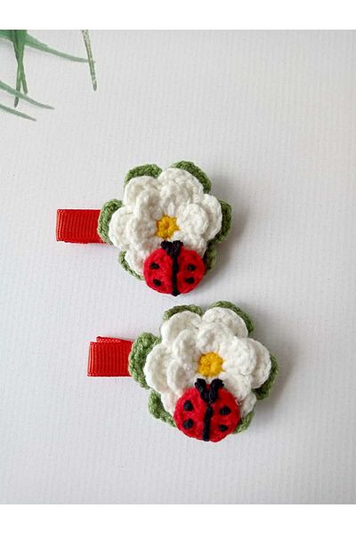 Kadın Girişimciler Atölyesi 2-Piece Clip Daisy Love - With Ladybug, Red Grosgrain and Ribbon Detail