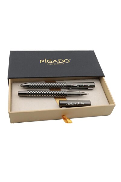 PİGADO İsme Kişiye Özel Premium Damalı Lüx Tükenmez ve Roller Kalem Seti