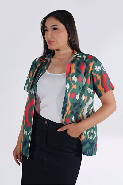 TOLGA SARAÇOĞLU 10854 Πράσινο βαμβακερό πουκάμισο με κοντό μανίκι