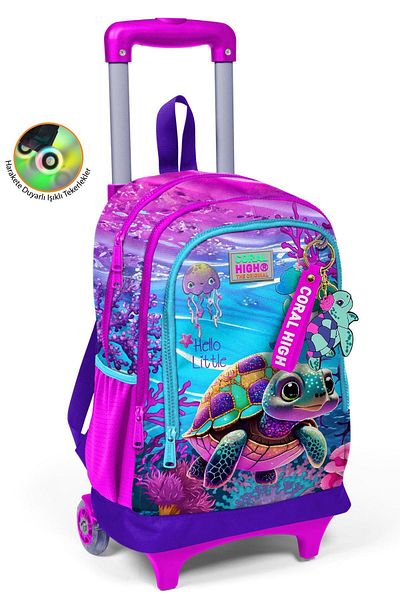 Coral High Rucsac de școală cu model broasca țestoasă roz violet pentru copii - cu trei compartimente și racletă 23956