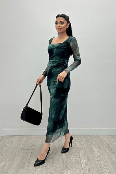 giyimmasalı Tulle Fabric - Square Collar and Gather Detailed Dress - TURQUOISE