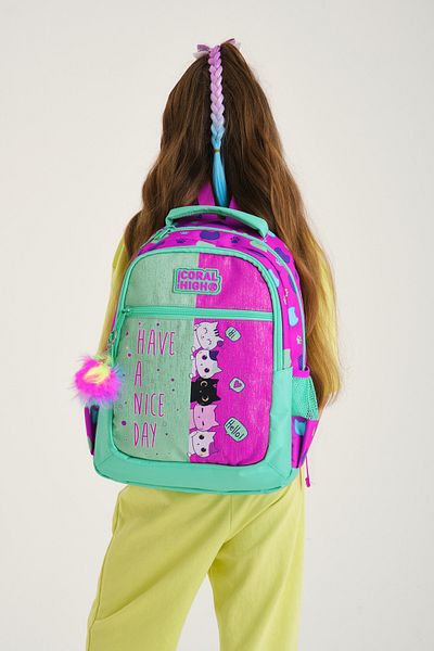 Coral High Kids Pink-water Green Three Compartment School Bag 23490