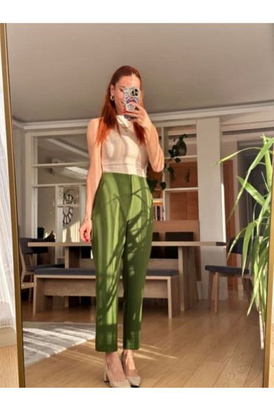 bonnline Pantaloni verde file cu talie înaltă