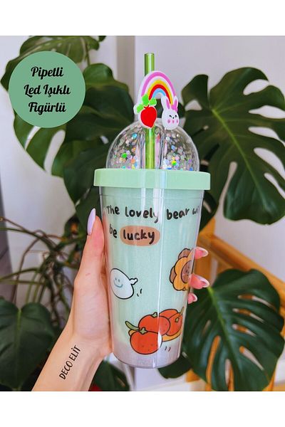 Lexi Bella Green Mica Water Bottle - Led Light, 450 Ml, Double Layer Water Bottle, with Straw and Figure Party 2092