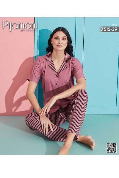 Pijamoni طقم بيجامة نسائي من قماش ميلان بأكمام قصيرة
