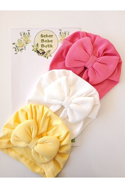 SeherBebeButik Kız Bebek & Çocuk Renkli Fiyonklu Bone 3'Lü Set