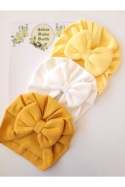 SeherBebeButik Baby Girl and Children's Bonnet with Colorful Bow - Set of 3
