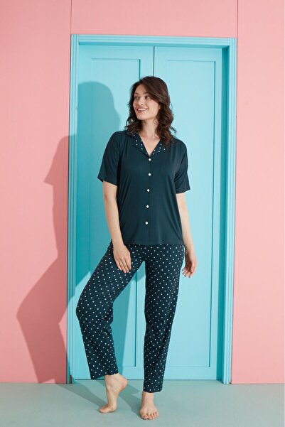 Pijamoni Milan Kumaş Önden Düğmeli Pijama Takımı 7515-43 Koyu Yeşil