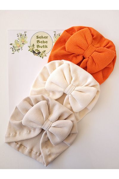 SeherBebeButik Baby Girl and Children's Bonnet with Colorful Bow - Set of 3