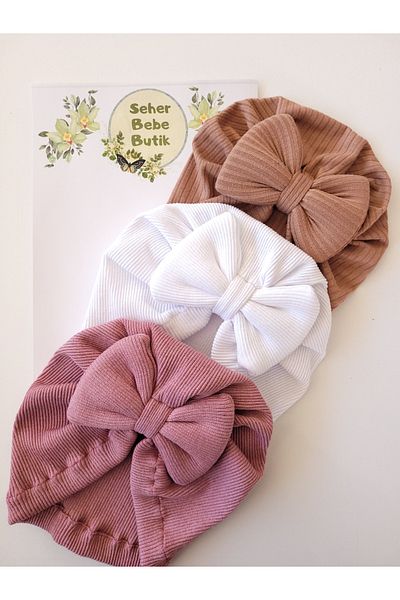 SeherBebeButik Baby Girl and Children's Bonnet with Colorful Bow - Set of 3
