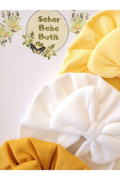 SeherBebeButik Baby Girl and Children's Bonnet with Colorful Bow - Set of 3