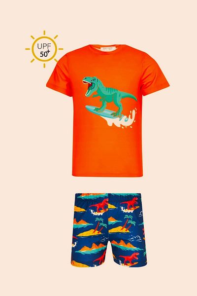 Adasea Orange Neopy Short Sleeve Pool Swimsuit with Shorts