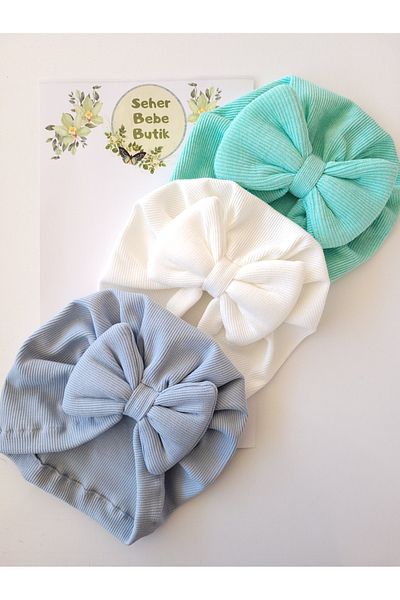 SeherBebeButik Baby Girl and Children's Bonnet with Colorful Bow - Set of 3