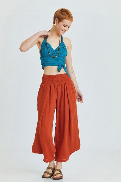 Clandestino Brick Color Loose Fit Trousers with Guipes and Side Pockets