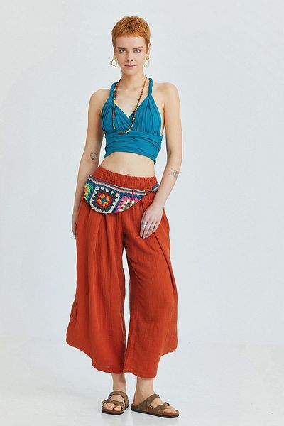 Clandestino Brick Color Loose Fit Trousers with Guipes and Side Pockets