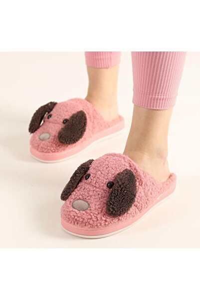 Beyond Women's Powder Doggy Furry Puppy Detailed Fur Inside Non-Slip Sole House Slippers 3cm Byndshrdog01