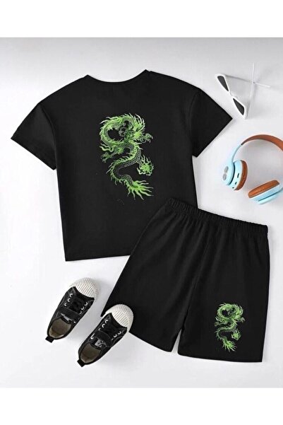 Koklonmoda Children's Printed Unisex Dragon T-shirt Shorts Combination