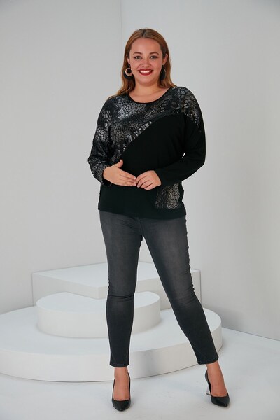 RMG Yandan Cepli Pul Payet Detaylı Büyük Beden Siyah Bluz