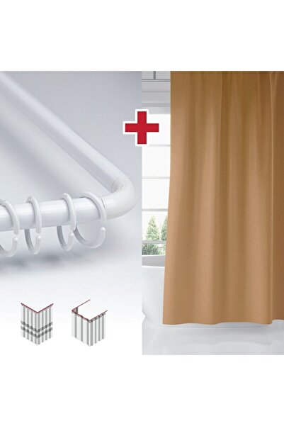 Tropikhome Bej Renk Banyo Perdesi Askı Hediyeli 180x200cm Tek Kanat Duş Perde...