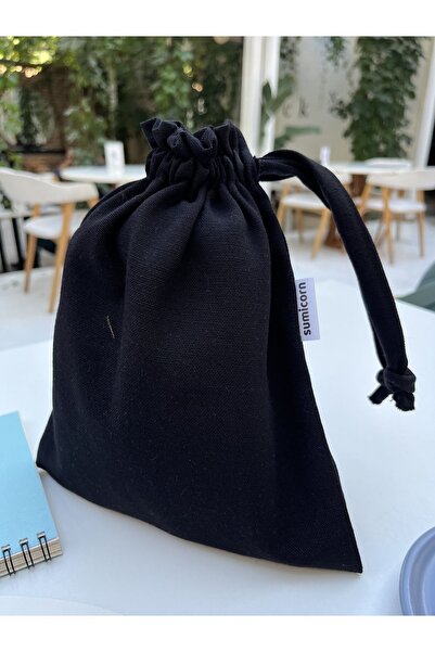 Sumicorn Design Siyah Çevre Dostu Bez Büzgülü İpli Düzenleyici Kese,Makyaj Çantası,Bez Poşet