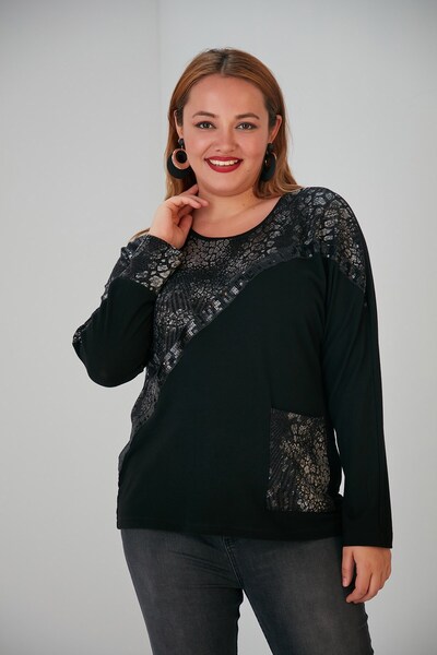 RMG Yandan Cepli Pul Payet Detaylı Büyük Beden Siyah Bluz