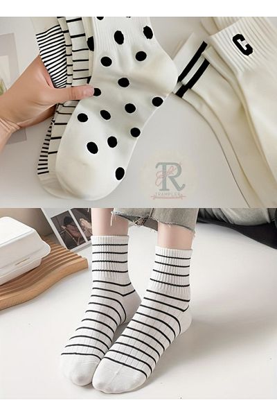 trampler Unisex 5 ζευγάρια απλές ριγέ κάλτσες με στίγματα Socket Λευκές μαύρες κάλτσες