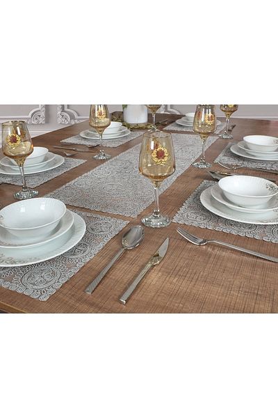 Tropikhome Victoria Gray 6-Person American Service Plate and Runner Set - 7 Pieces