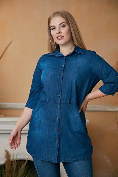 RMG Cep Detaylı Büyük Beden Kot Gömlek