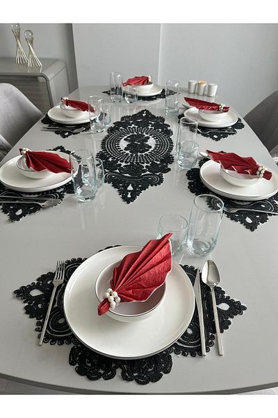 Çt Çeyizci Tekstil American Service, 1 Runner 6 Flat Σετ σερβιρίσματος φαγητού, Σετ τραπεζομάντιλο, Σετ παρουσίασης σέρβις
