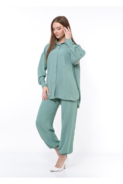 Nuseel Γυναικείο Αερομπιν Σετ Πουκάμισο-Παντελόνι Κάτω-Επάνω Διπλό Σετ Νεροπράσινο