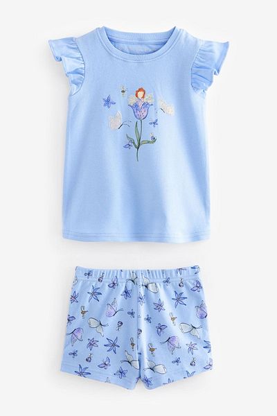 Next Baby Blue and White Fairy Patterned 100% Cotton Short Sleeve Shorts - Set of 3
