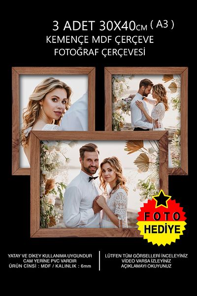Bytwo 3 Pieces 30x40 Frame - Kemençe Frame - MDF A3 Frame - Multiple Photo Frame