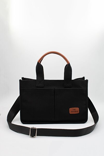 LASSO Kadın Siyah Kanvas Kumaş Ön Cepli Tote Bag El Ve Omuz Çantası