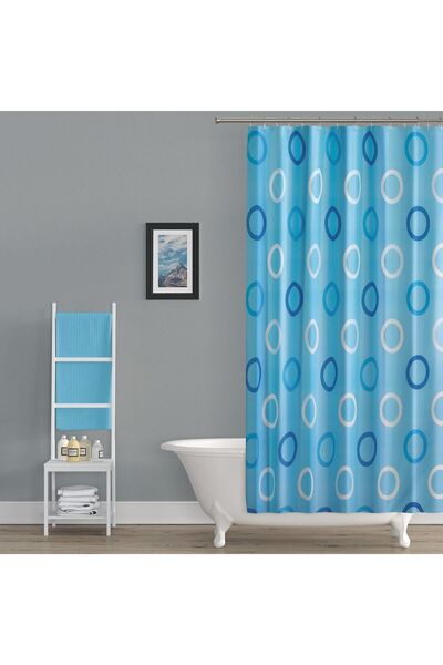 Tropikhome Banyo Perdesi Mavi Geometrik Desen Yerli Üretim Duş Perdesi C-Halk...