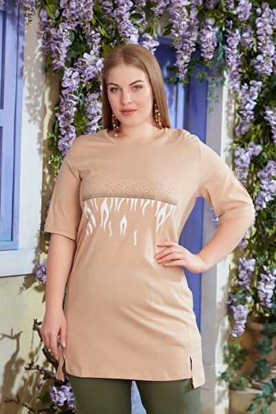 RMG Taş Işlemeli Baskılı Büyük Beden Vizon Tişört