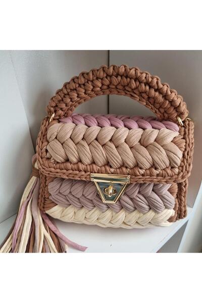 CHQEL حقيبة نسائية مصنوعة يدويًا من القطن الممشط باللون البيج الكريمي والفستق مصنوعة يدويًا من الكروشيه واليد والكتف والصليب