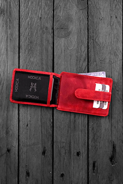 Modica Zona - Gerçek Deri Kağıt Para Bölmeli Kimlik Kart Gözlü Kırmızı Kartlık Cüzdan