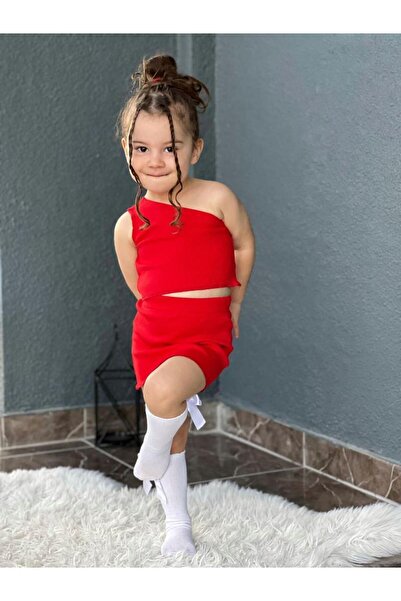 meqlife Girl's One Shoulder Crop Skirt Suit Red