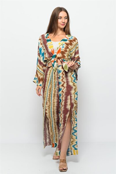 Nuseel Wave Patterned Pareo Trousers Patterned Brown-Turquoise