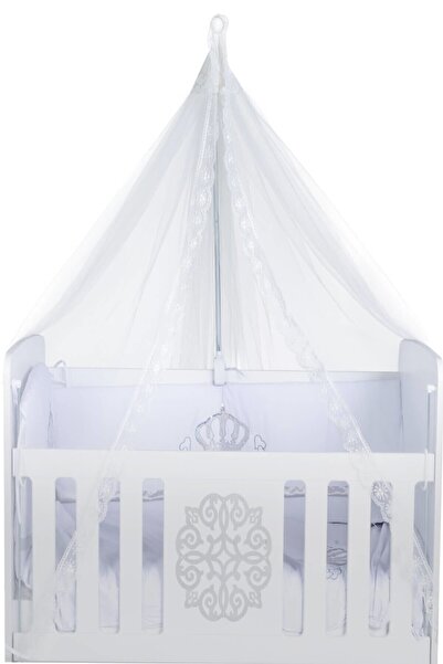 PrestijMagaza Beyaz Fransız Güpürlü  Kristal Tül Bebek Beşik Cibinliği  ve L Aparat