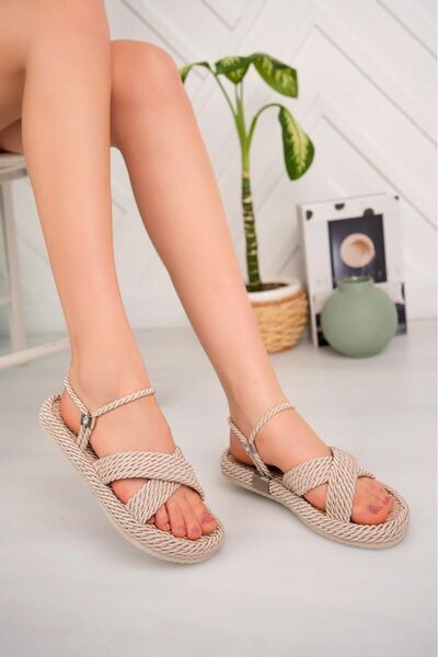 POLENS Бежеві жіночі сандалі - з перехресними ремінцями та солом'яною підошвою