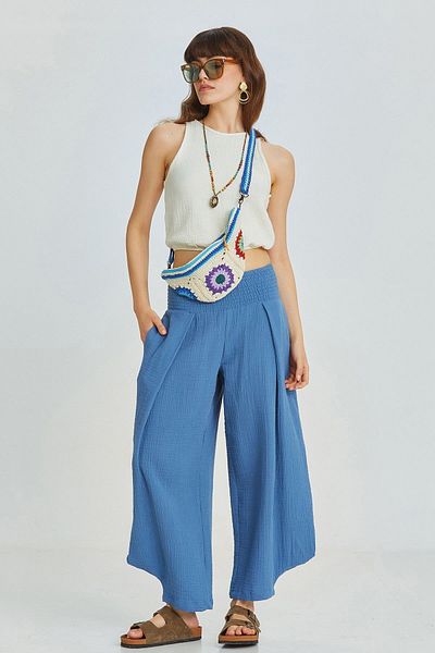 Clandestino Navy Blue Loose Trousers with Guipes and Side Pockets