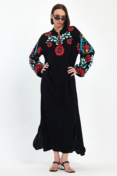 AYASOFYA OTANTIK Rochie lungă cu mânecă lungă, cu mânecă lungă, cu detaliu de broderie cu flori, cu gât negru, cu glezne elastice