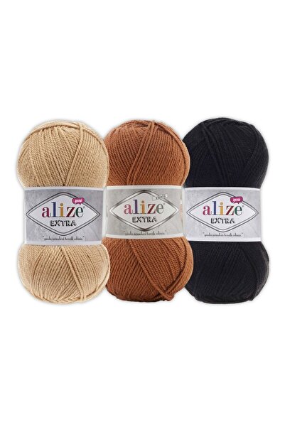 Alize Extra Booties 3-Piece Knitting Yarn Set - Pampas, Autumn, Black Colors