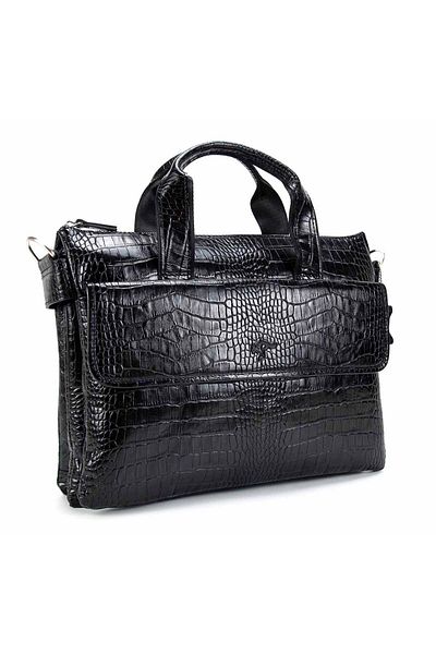 KANGAROO KINGDOM Genuine Calf Leather Crocodile Black Men's Laptop and Briefcase - 7659-Cs