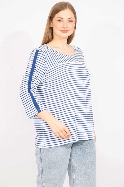 Şans Women's Saks Large Size Cotton Fabric Stripe Combination Blouse 65n35572